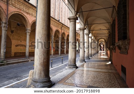 Famous arcade of Bologna. Via Zamboni. Unesco Heritage since 2021. Italy