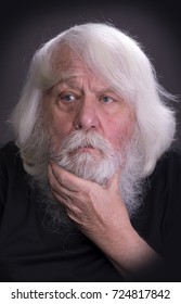 Famous Art Director, White Haired Man With His Hand On His Chin,  Isolated Over Grey Background