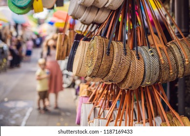 Famous Balinese Rattan Eco Bags In A Local Souvenir Market In Bali, Indonesia