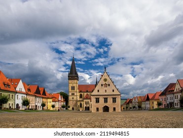 Famous baths Bardejov in Slovakia with old historical town square with preserved bourgeois houses with colorful facades listed in UNESCO world heritage - Shutterstock ID 2119494815