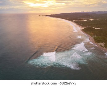 Famous Bay For Surf On Nicaragua Aerial Drone View On Sunset Time