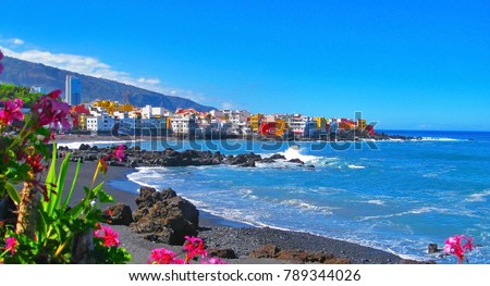 Famous beach Playa Jardin with black sand in Puerto de la Cruz, Tenerife, Spain