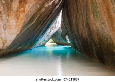Famous beach and rock formation called The Bath on Virgin Gorda, British Virgin Islands