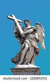 Famous Bernini Angel Sculpture On San Angelo Bridge In Rome, Italy