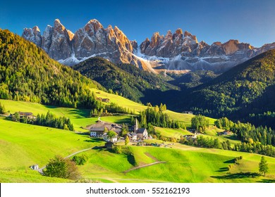 Famous best alpine place of the world, Santa Maddalena village with magical Dolomites mountains in background, Val di Funes valley, Trentino Alto Adige region, Italy, Europe