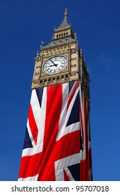 Famous Big Ben With Flag Of England In London