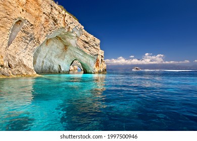 Famous blue caves, an extraordinary seascape of magnificent geologic formations in Zakynthos island, Ionian Sea, Greece, Europe.