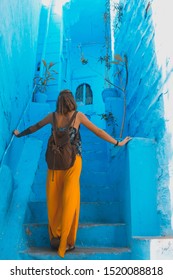 The Famous Blue City, Jodhpur In Rajasthan. Taking The Pose In One Of The Most Famous Spot, Where All Walls Are Deep Blue. 