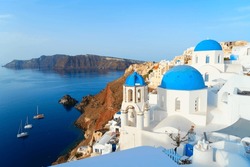 Famous Blue Domes And Volcano Caldera With Deep Sea Landscape, Beautiful Details Of Oia And Santorini Island, Greece