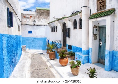 Famous Blue And White Streets Of Kasbah Of The Udayas In Rabat. The Capital Of Morocco Has UNESCO World Heritage Status And Very Famous Among Tourists