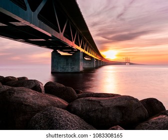 The Famous Bride (öresundsbron) Between Sweden And Denmark In Sunset. 