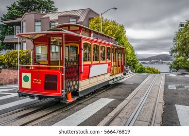 Famous Cable Car of San Francisco, standing at amazing viewpoint on Alcatraz National Park, California USA