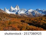 Famous Cerro Fitz Roy  and Cerro Torre- one of the most beautiful and hard to accent rocky peaks in Patagonia, Argentina. Autumn season.