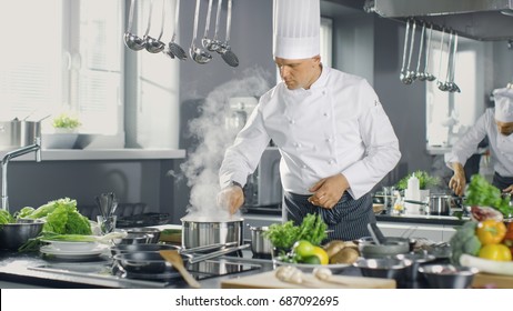 Famous Chef of a Big Restaurant Prepares Dishes with His Help of Cooks. Modern Kitchen is Made of Stainless Steel and Full of Cooking Ingredients. - Shutterstock ID 687092695