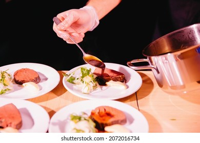 A Famous Chef Prepares An Original Meat Dish In A Restaurant According To His Own Recipe