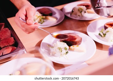 A Famous Chef Prepares An Original Meat Dish In A Restaurant According To His Own Recipe