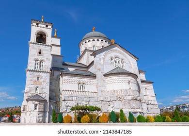 Famous church in Podgorica Montenegro . Orthodox Cathedral of Christ's Resurrection .  Monumental church with carved stonework