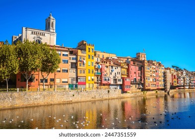 Famous colorful houses at river Onyar in Girona, Catalonia, Spain