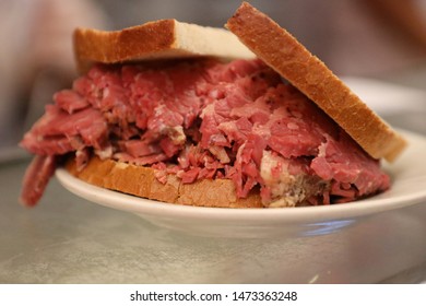 Famous Corned Beef On Rye Sandwich Served In New York Deli