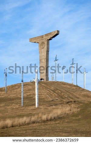 Famous Didgori battle monument with giant swards and sculptures. Georgia, history