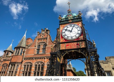 The famous Eastgate Clock, viewed from the historic city walls in the city of Chester, UK. 