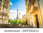 famous Eiffel Tower landmark and Paris summer street, Paris citscape, France, toned