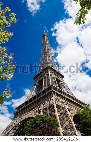 Eiffel Tower in green trees on blue sky