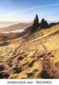 Famous exposed rocks Old Man of Storr, north hill in the Isle of Skye island of Highlands in Scotland.  - Shutterstock ID 786510421