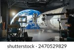 Famous Female Director Leads Diverse Team in Filming Sci-fi Movie Using Virtual Production and Cgi. Advanced Equipment and Futuristic Set Create Immersive Space Visuals Featuring an Astronaut.