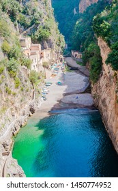 Famous Fiordo Di Furore Beach Seen From Bridge. View Of Furore Creek, Near Sorrento, Amalfi Coast, Southern Italy