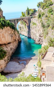 Famous Fiordo Di Furore Beach Seen From Bridge. View Of Furore Creek, Near Sorrento, Amalfi Coast, Southern Italy