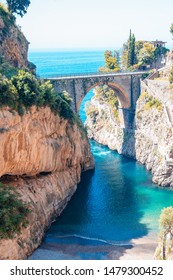 Famous Fiordo Di Furore Beach Seen From Bridge. View Of Furore Creek, Near Sorrento, Amalfi Coast, Southern Italy