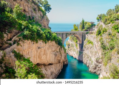 Famous Fiordo Di Furore Beach Seen From Bridge. View Of Furore Creek, Near Sorrento, Amalfi Coast, Southern Italy