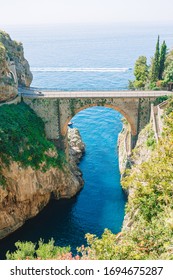 Famous Fiordo Di Furore Beach Seen From Bridge. View Of Furore Creek, Near Sorrento, Amalfi Coast, Southern Italy