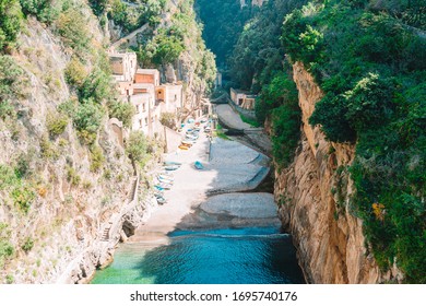 Famous Fiordo Di Furore Beach Seen From Bridge. View Of Furore Creek, Near Sorrento, Amalfi Coast, Southern Italy