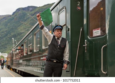 The famous Flam Railway Station and Train Conductor -Flamsbana , Norway 18-09-2013
