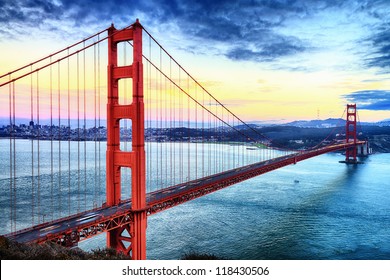 Famous Golden Gate Bridge, San Francisco At Night, USA