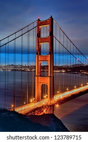 Famous Golden Gate Bridge And San Francisco Lights At Sunset