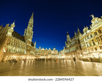 The famous Grand Place of Brussels by night, in Belgium, historical center of the city in very high resolution 