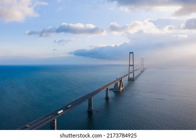 The famous Great Belt bridge (Østbroen) in Denmark  multi  element fixed link crossing the Great Belt strait between the Danish islands Zealand   Funen