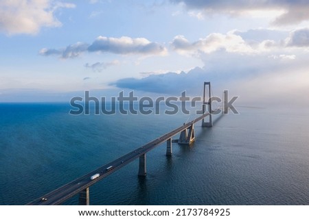 The famous Great Belt bridge (Østbroen) in Denmark, a multi-element fixed link crossing the Great Belt strait between the Danish islands of Zealand and Funen