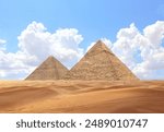 Famous Great Pyramids of Chephren and Cheops, Cairo, Egypt. Two of the three Great Pyramids, Giza pyramid complex (Giza Necropolis)