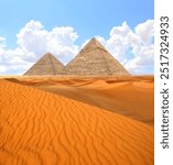 Famous Great Pyramids of Chephren and Cheops, Cairo, Egypt. Two of the three Great Pyramids, Giza pyramid complex (Giza Necropolis) and beautiful sand dunes