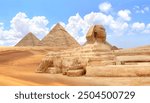 Famous Great Sphinx and pyramids of Chephren and Cheops, Cairo, Egypt. Great Pyramids and ancient statue of Sphinx, mythical creature with head of man and body of lion, Giza complex (Giza Necropolis)