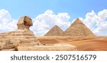 Famous Great Sphinx and pyramids of Chephren and Cheops, Cairo, Egypt. Great Pyramids and ancient statue of Sphinx, mythical creature with head of man and body of lion, Giza complex (Giza Necropolis)