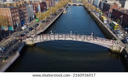 Famous Ha Penny Bridge in Dublin from above - drone footage