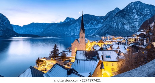 Famous Hallstatt mountain village in the Austrian Alps at sunrise, Austria - Shutterstock ID 2274397421