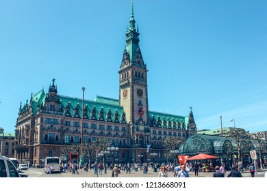 Famous Hamburg town hall Rathaus with blue sky at market square near lake Alster (Binnenalster) in Altstadt quarter, Hamburg, Germany. June 2010