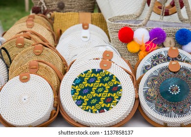 Famous Handmade Rattan Bags In A Local Market Of Bali, Indonesia