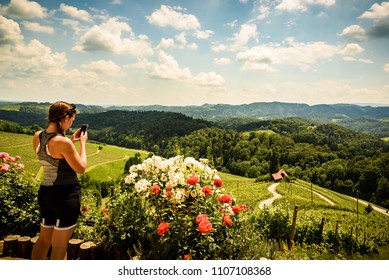 Famous Heart shaped wine road in Slovenia in summer, woman with a mobile phone photographing heart. Heart form - Herzerl Strasse, vineyards in summer, Spicnik